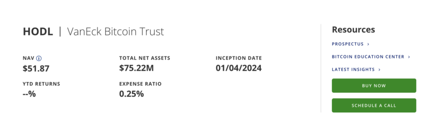 Las instrucciones para invertir en un ETF spot de Bitcoin de VanEck. 